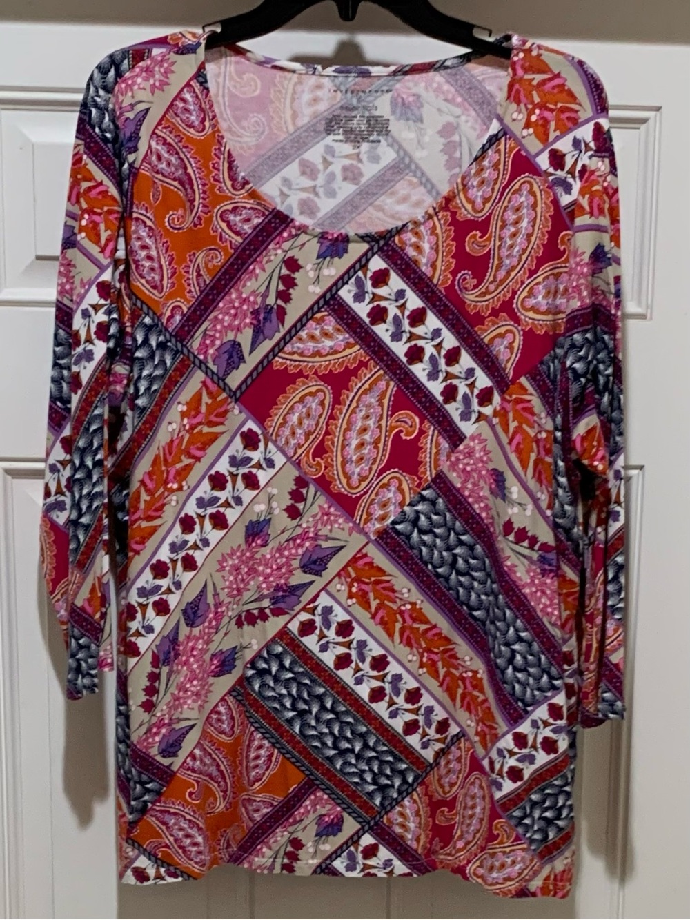 Investments II  Patchwork Paisley 3/4 Sleeve Mulitcolor Top 2X